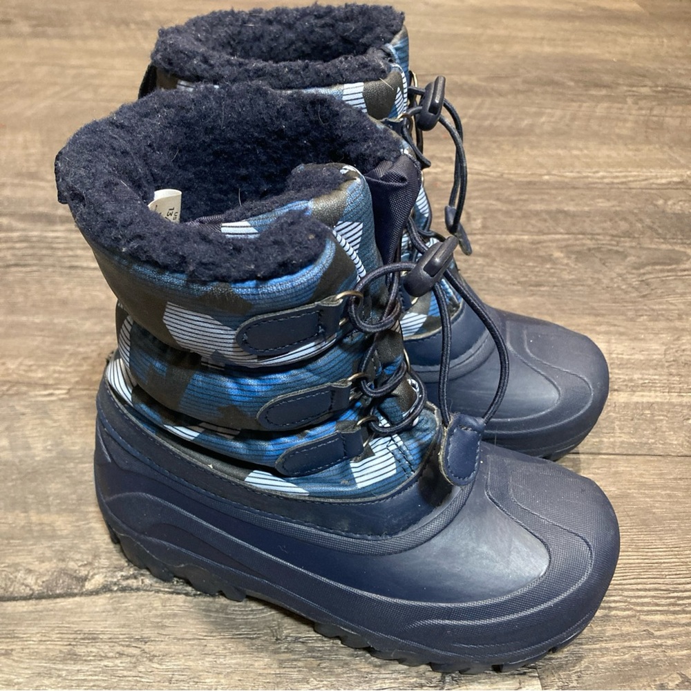 Member’s Mark Kids Sz 13/1 Snow Boots Fur Lined Navy Blue Winter Pull On